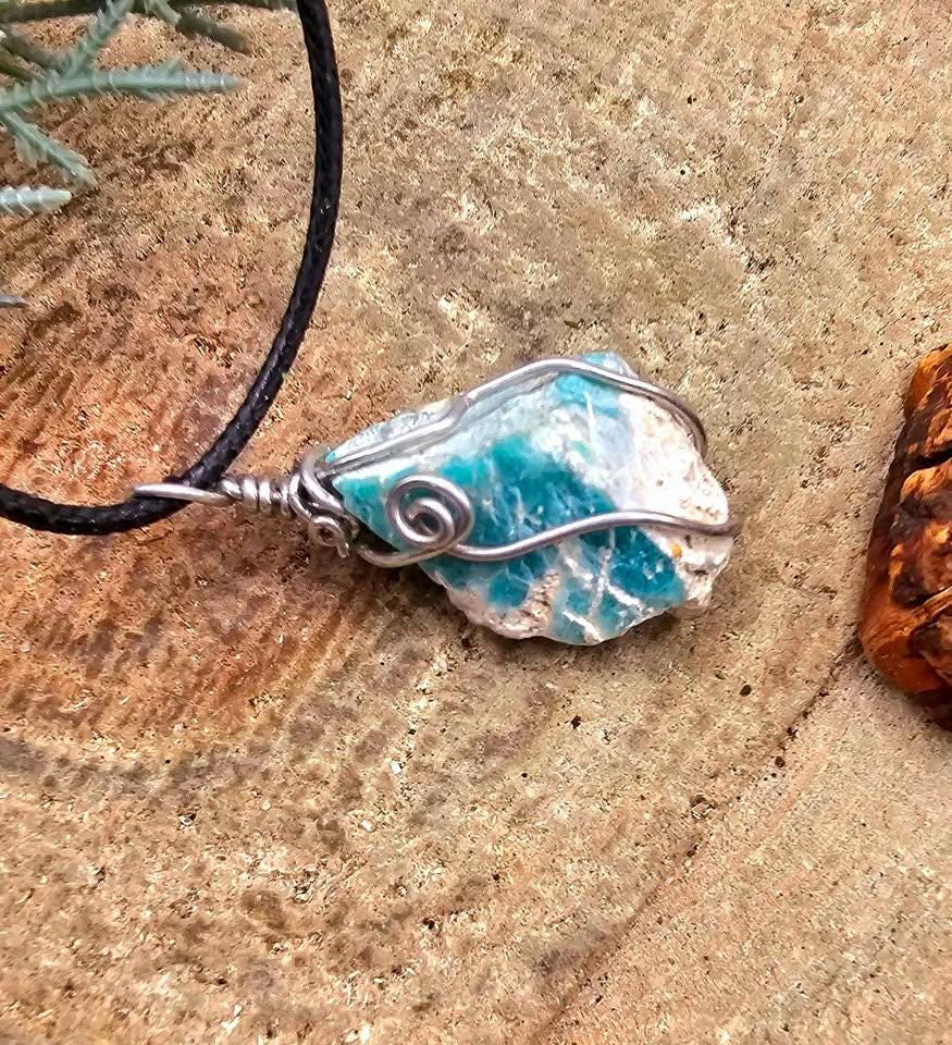 Nature Amazonite Raw Stone Wire Wrapped Pendant Necklace