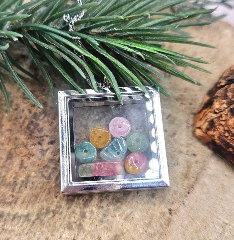 Nature Rainbow Tourmaline Beads Filled Silver Openable Floating Locket Pendant Necklace