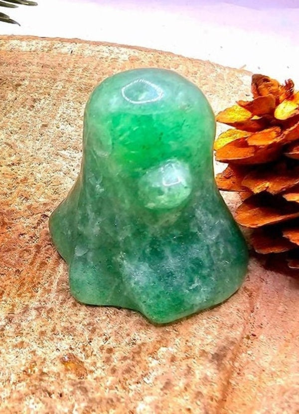 Green strawberry quartz carved ghost decor figure packaging — My Aura Gemstones