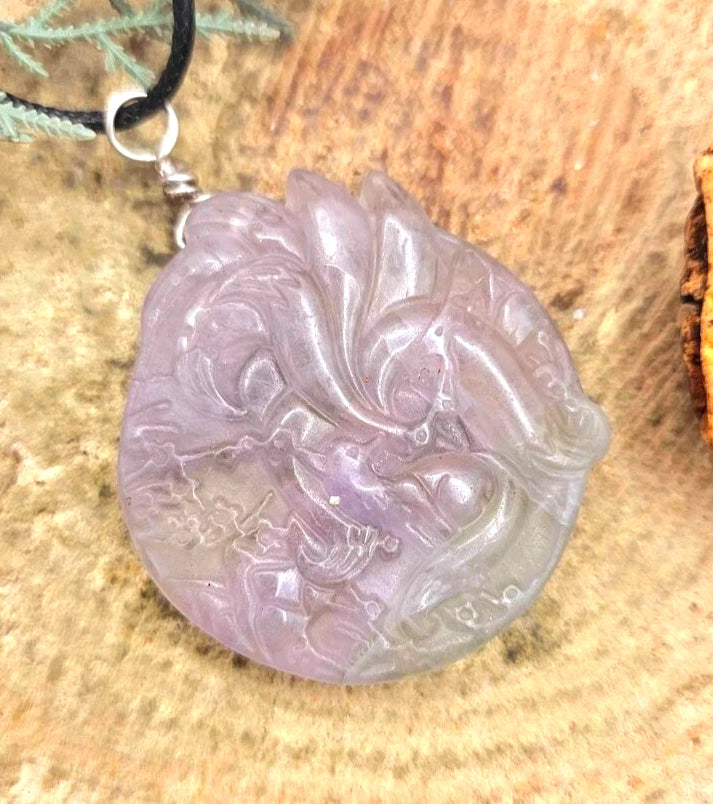 Nature Purple Fluorite Hand Carved Nine Tails Fox Pendant Necklace