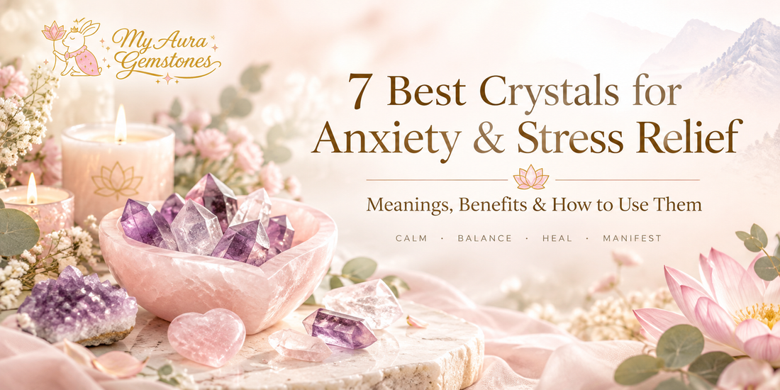 7 Best Crystals for Anxiety & Stress Relief banner, My Aura Gemstones