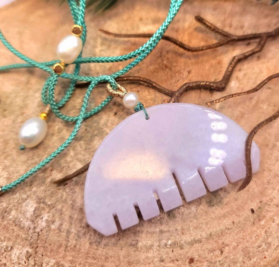 Beautiful Certified Nature Jade Hand Carved Comb Pendant With Pearl Adjustable Necklace