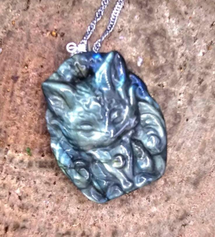 Nature Labradorite Carved Flashy Nine Tail Fox Pendant Necklace