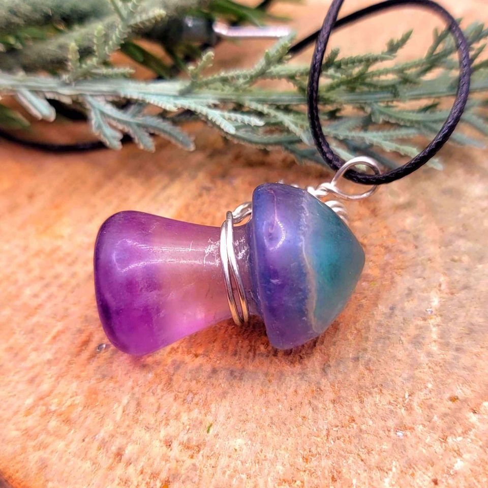 Beautiful Nature Rainbow Fluorite Hand Carved Mushroom Pendant Necklace