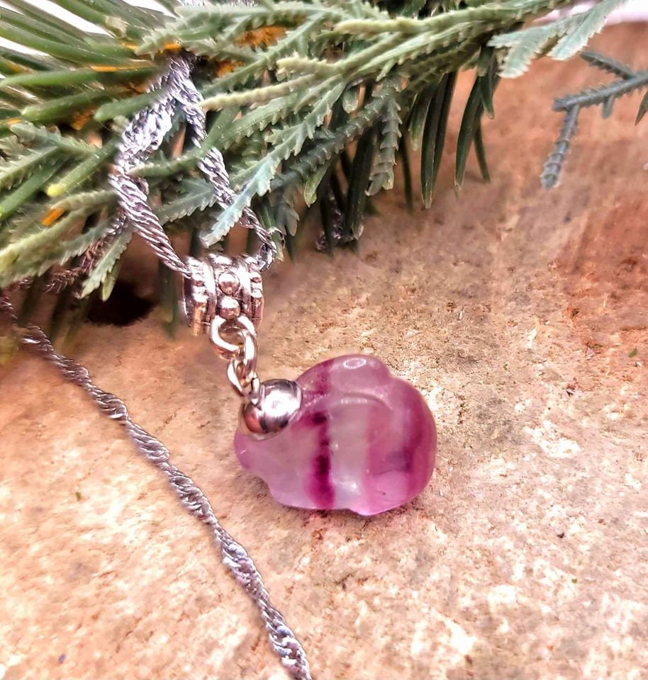 Purple fluorite rabbit pendant detail, part of the Rainbow Rabbit Trio - My Aura Gemstones