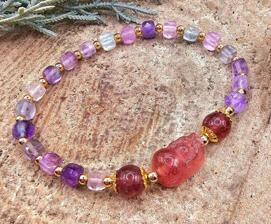 Nature Mixed Colors Fluorite Strawberry Quartz Pi Xiu Bracelet