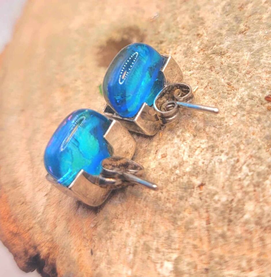 Beautiful 2 pairs Of Blue Aura Glass Tile & Pearl Sterling Silver Ear Studs