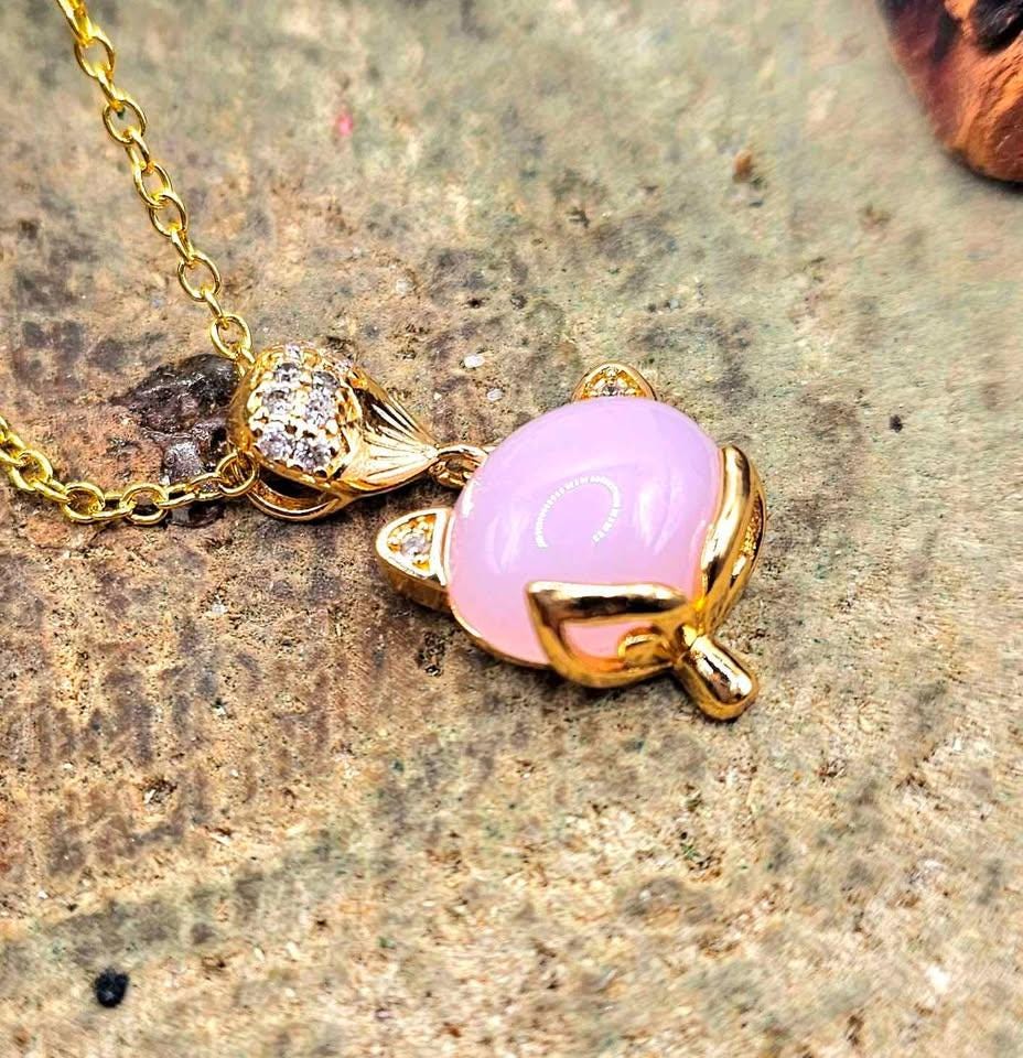 Nature Rose Quartz Gold Tone Fox Pendant Necklace