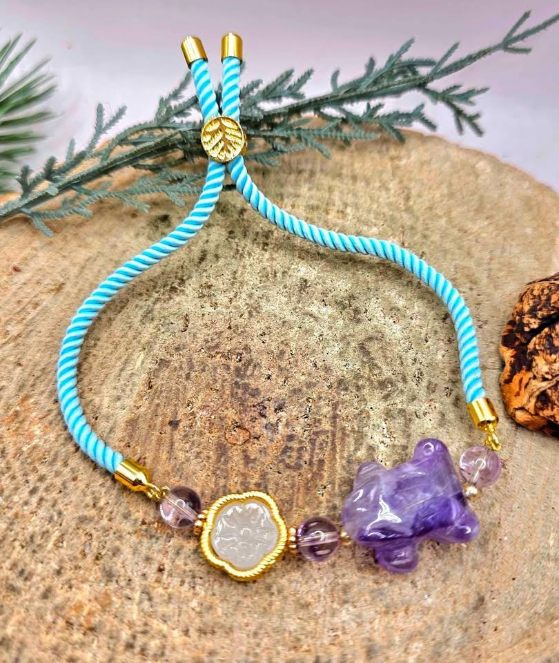 Amethyst frog bracelet detail, part of the Everyday Stretch Bracelet Duo - My Aura Gemstones