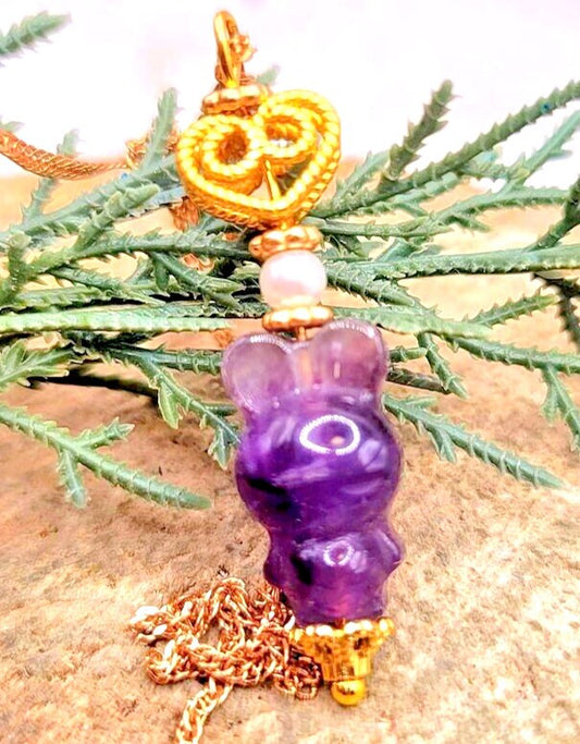 Beautiful Nature Amethyst Hand Carved Sleeping Rabbit Gold Accent Pendant Necklace