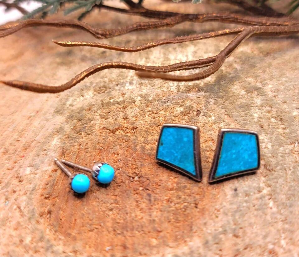 Beautiful 2 Pairs Of Nature Turquoise Diamond & Round Earstuds