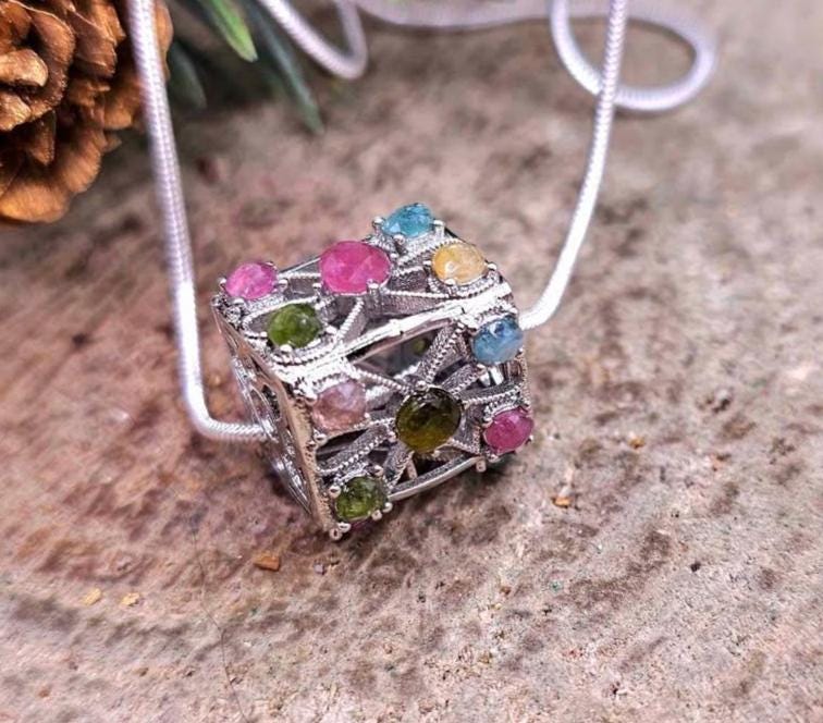 Nature Rainbow Faceted Tourmaline Rectangular Cage Pendant Necklace