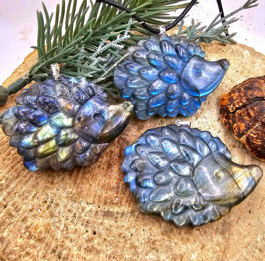 Nature Labradorite Carved Flashy Cute Hedgehog Pendant Necklace