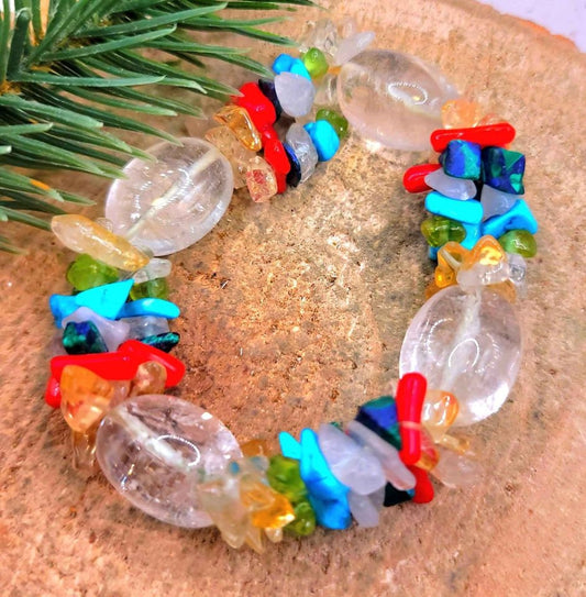 Unique Nature Clear Oval Crystal Triple Strand Mixed Crystal Chips Bracelet