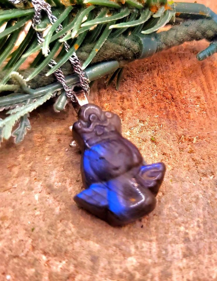 Nature Labradorite Flashy Carved Flying Angel Pendant Necklace
