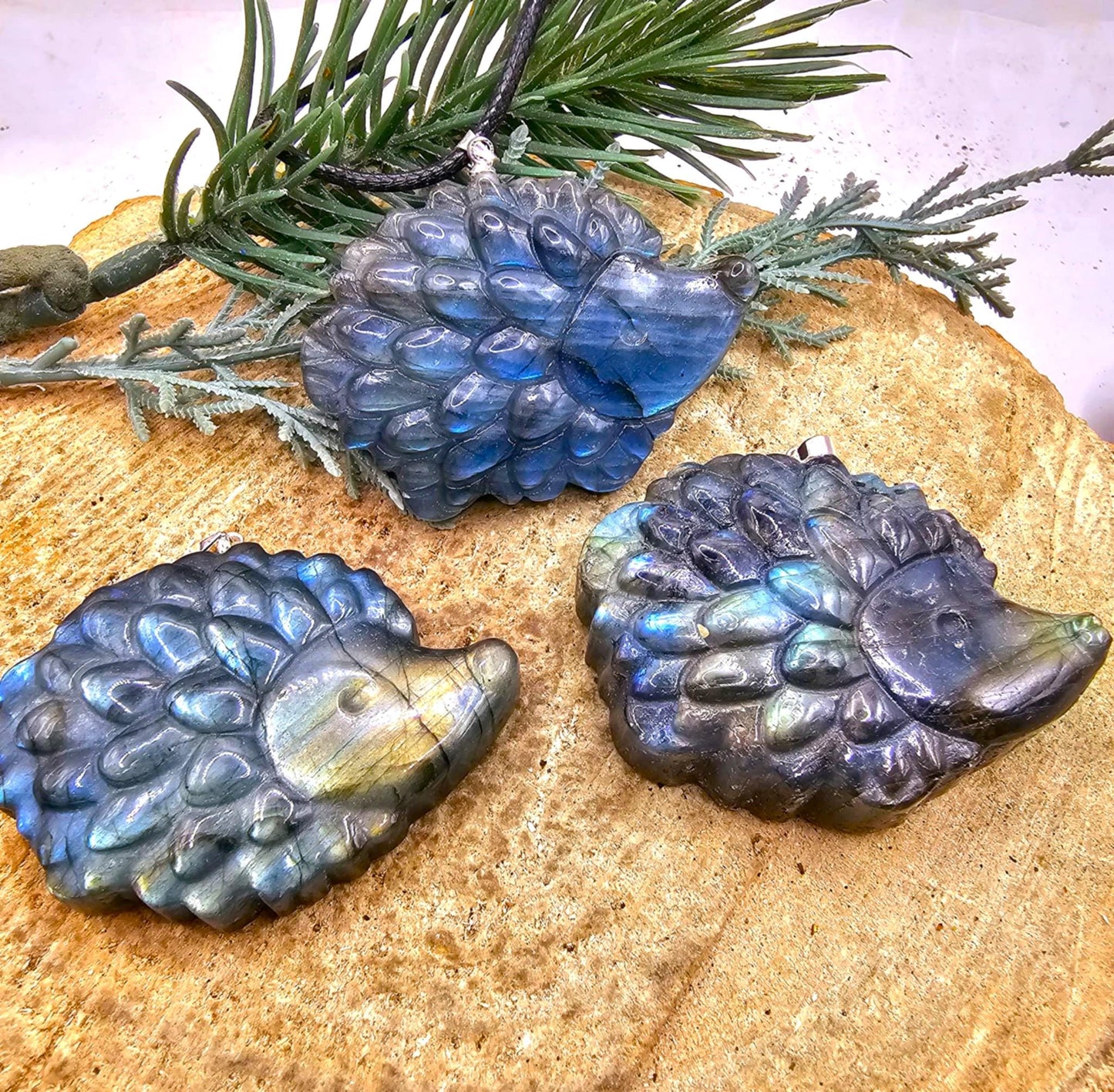Nature Labradorite Carved Flashy Cute Hedgehog Pendant Necklace