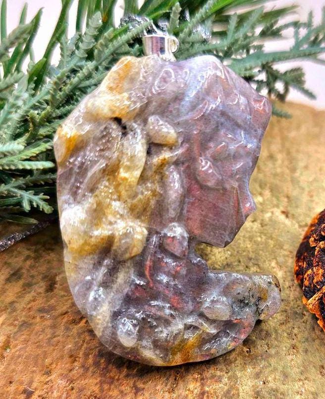 Nature Labradorite Carved Flashy Medusa Big Pendant Necklace