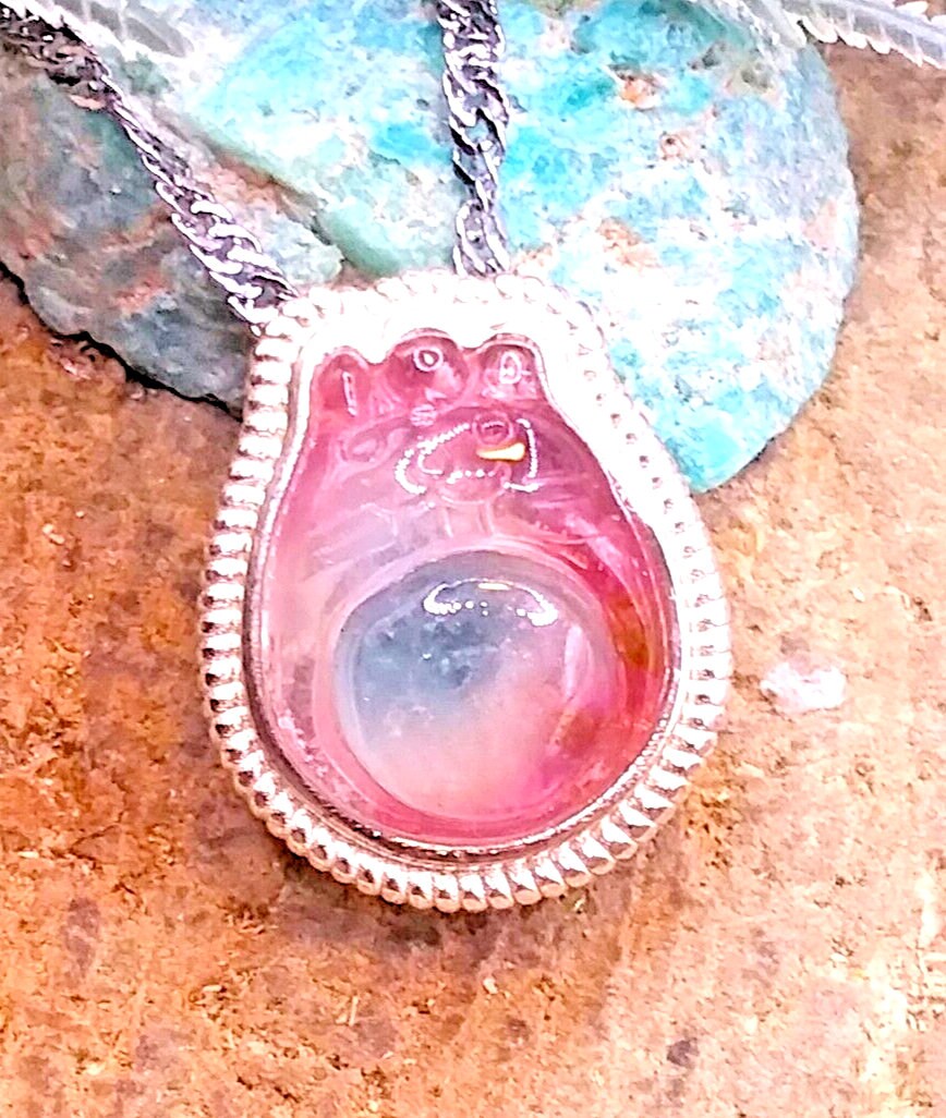 Rare Premium Nature Watermelon Tourmaline Totoro S925 Big Charm Necklace