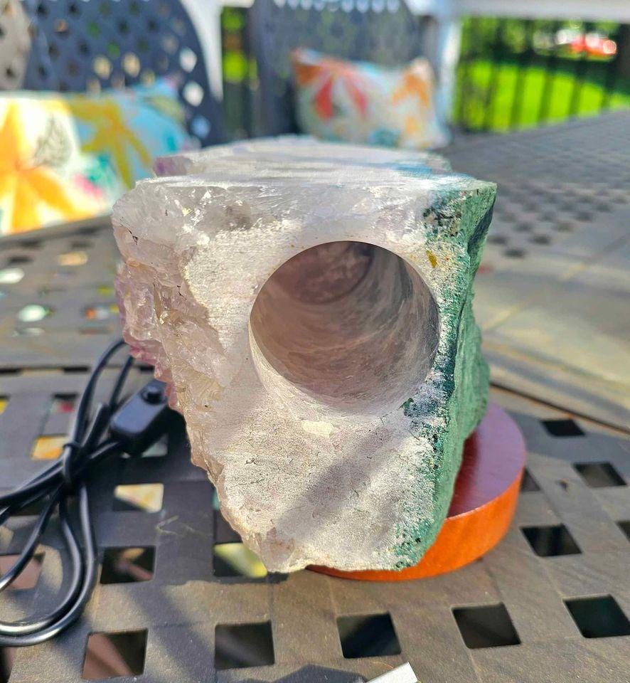 Large Amethyst Geode Cluster Lamp With Wood Lamp Base