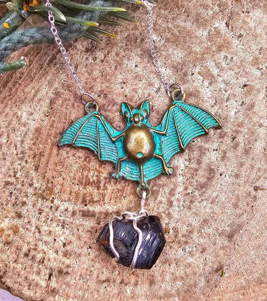 Flying Bat Nature Black Tourmaline Raw Stone Pendant Necklace