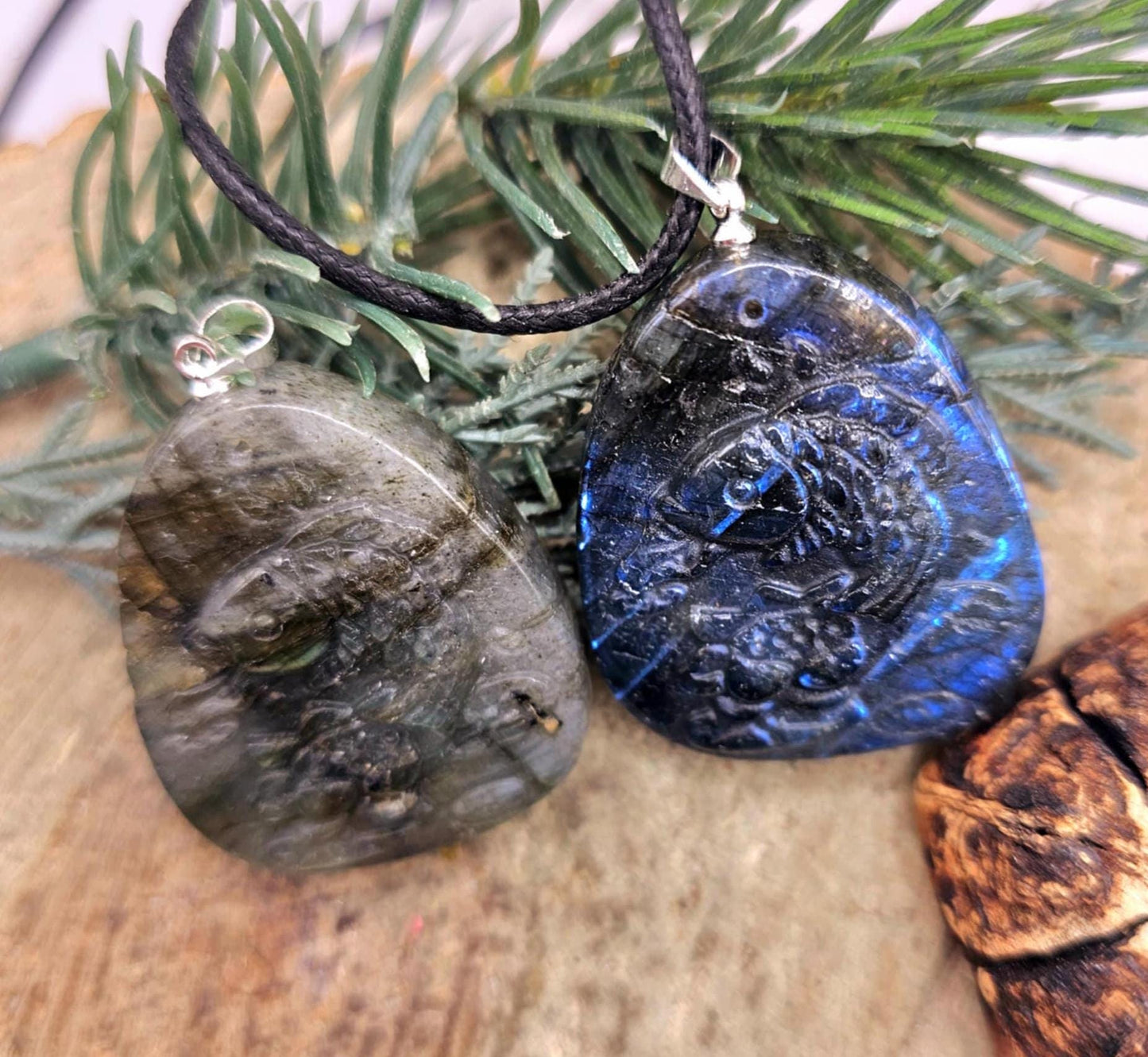 Nature Labradorite Carved Flashy Lotus & Carp Pendant Necklace