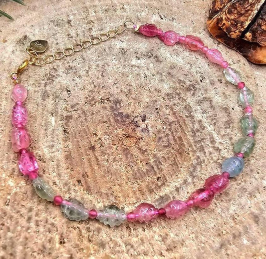Premium Grade Nature Tourmaline Hand Carve Ruffled Candy 925 Bracelet