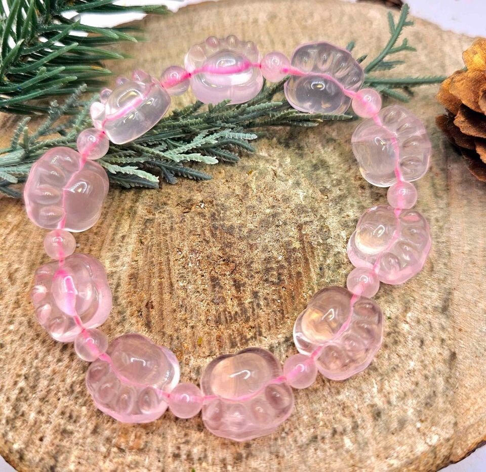 Premium Nature Rose Quartz Carved Cute Paw Beads Bracelet