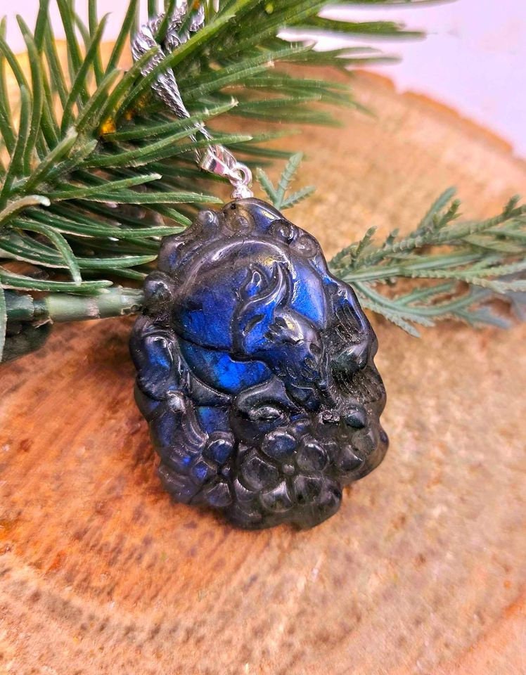 Beautiful Nature Labradorite Nine Tails Fox Cherry Blossom Pendant Necklace