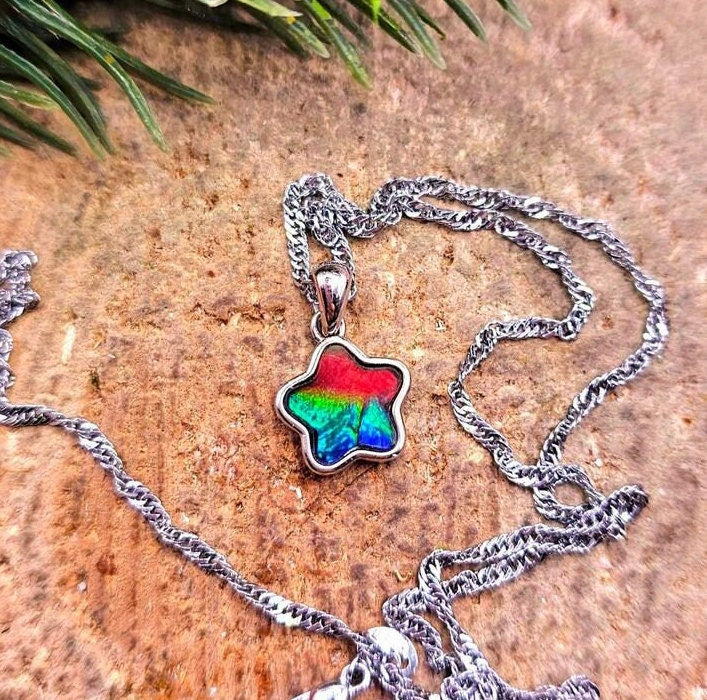 Premium Grade Nature Canadian Ammolite 925 Star Pendant Necklace