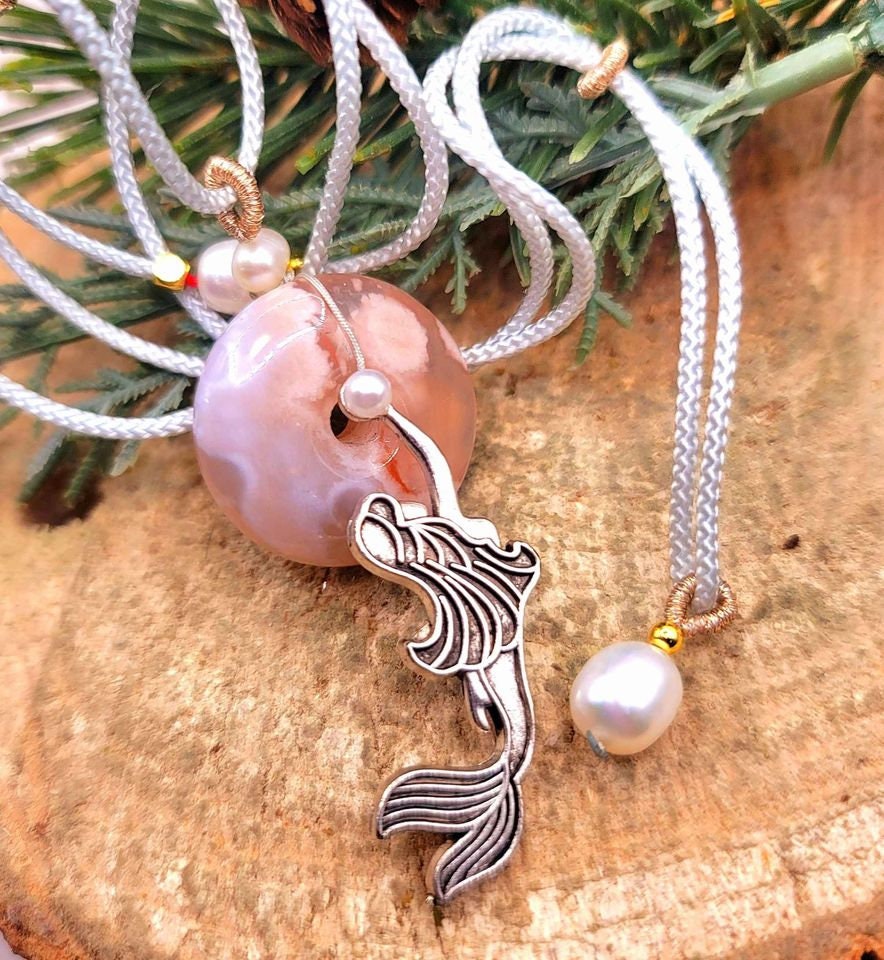 Beautiful Nature Cherry Blossom Agate Donut Swimming Mermaid Pearl Accent Necklace