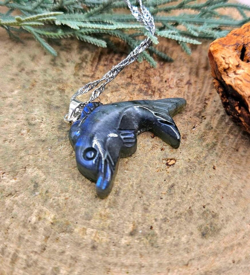 Nature Labradorite Carved Flashy Cute Dolphin Pendant Necklace