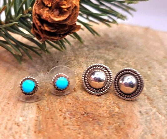 Beautiful 2 Pairs Of Nature Turquoise & Sterling Silver Patterned Earstuds