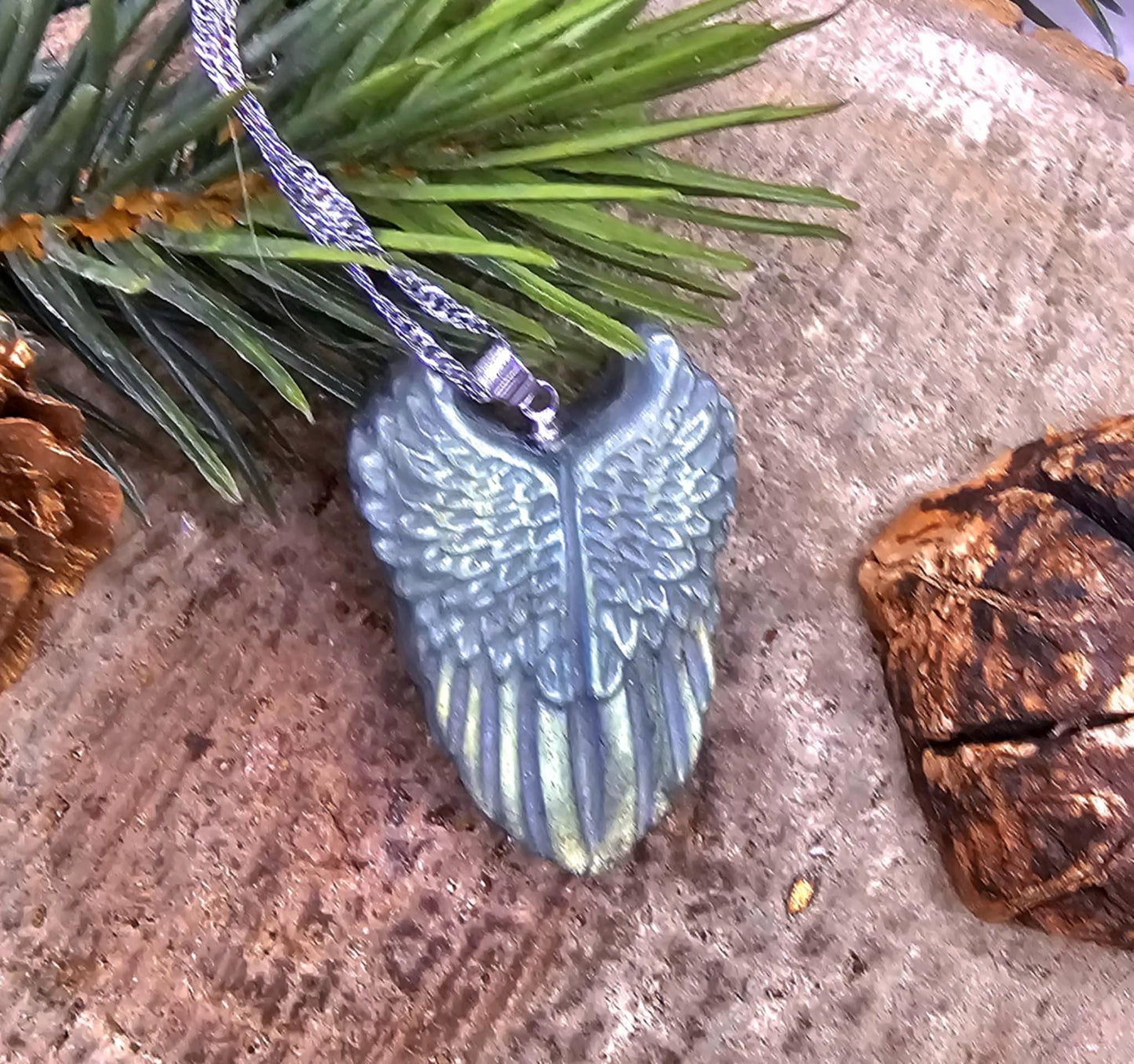 Nature Labradorite Carved Flashy Angel Wing Pendant Necklace