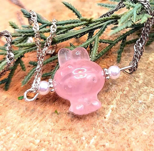 Nature Rose Quartz Carved Melody Pendant Necklace