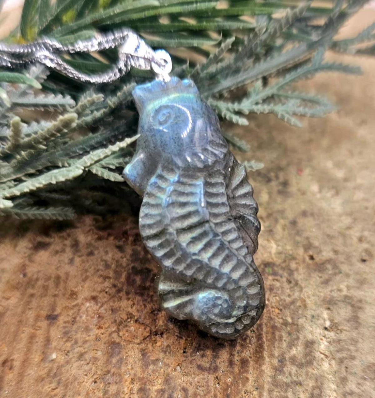 Labradorite carved flashy seahorse pendant necklace size reference — My Aura Gemstones