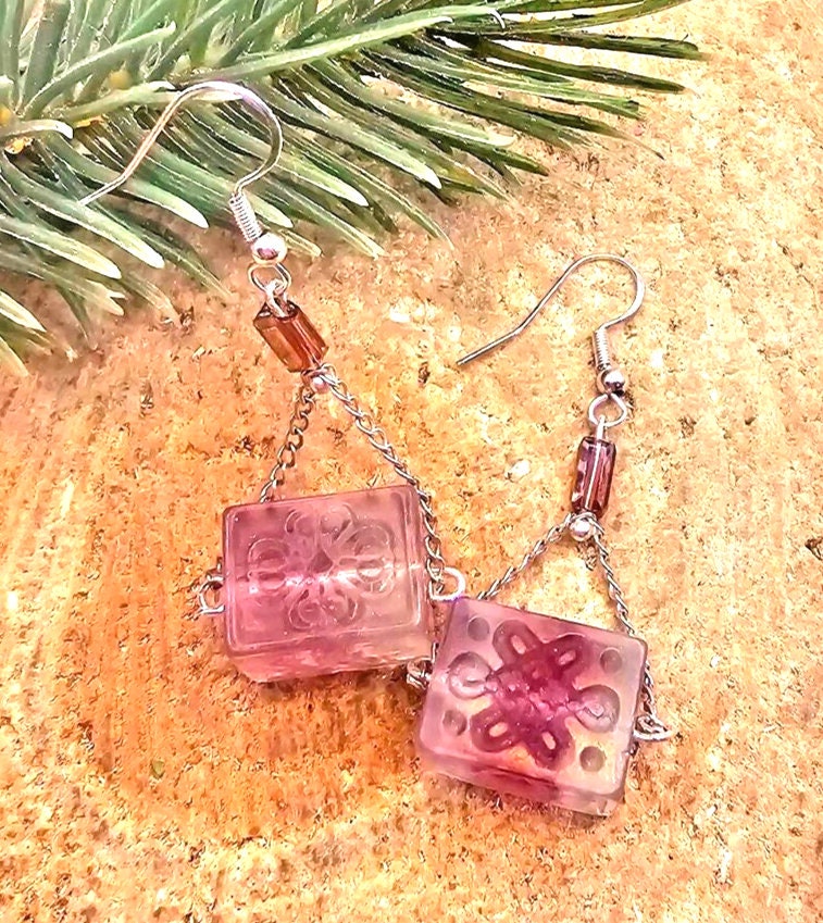 Unique Nature Rainbow Fluorite Blessing Fret Symbols Block S925 Dangle Earring
