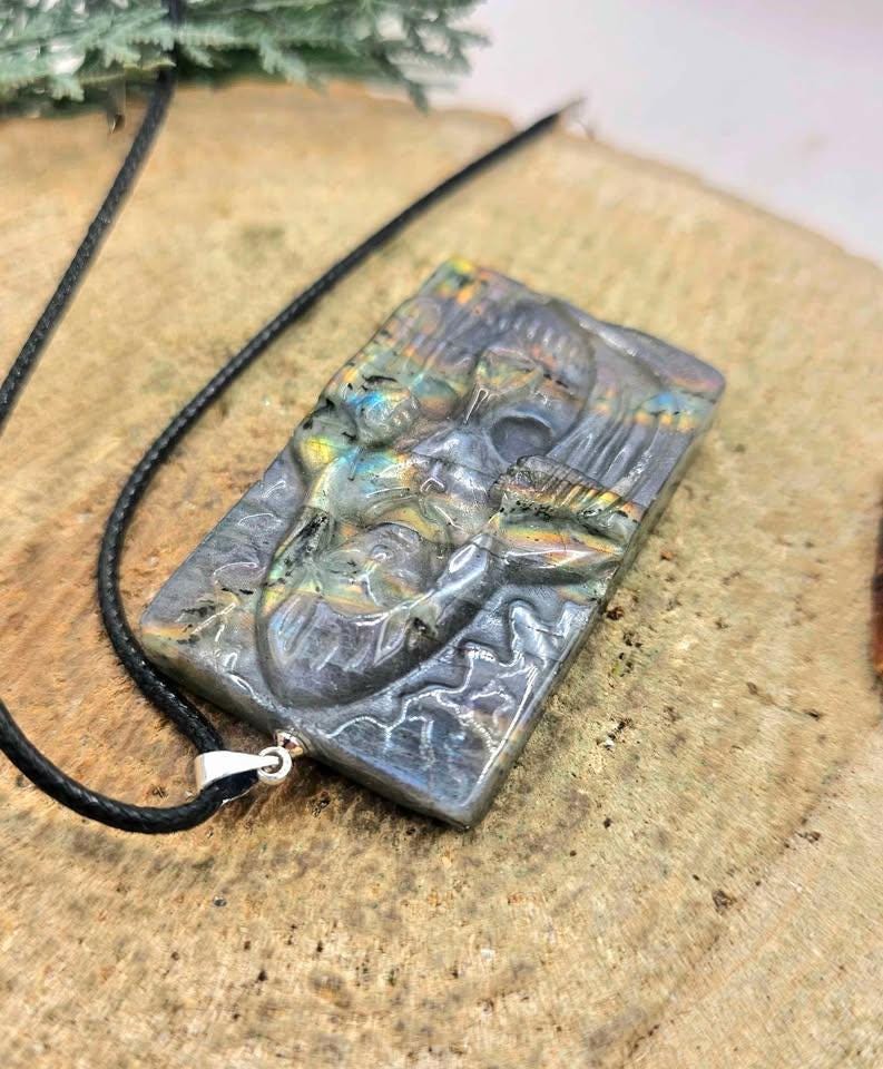 Nature Labradorite Carved Flashy Hidden Evil Monk Pendant Necklace