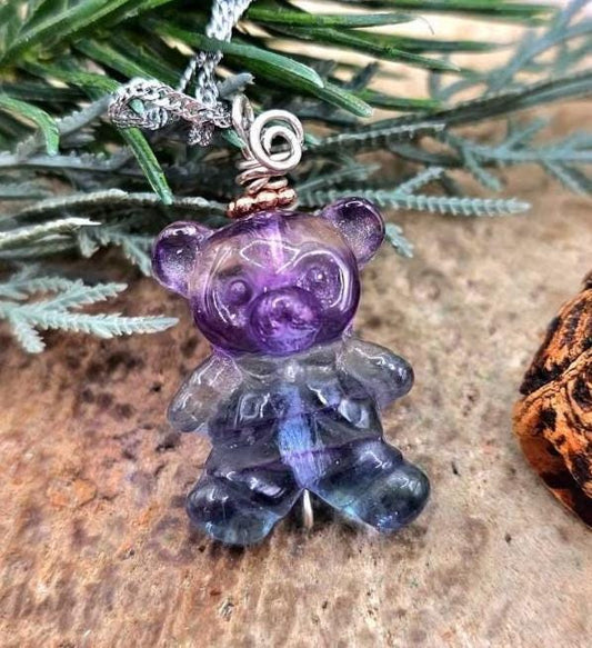 Nature Rainbow Fluorite Carved Bear Pendant Necklace
