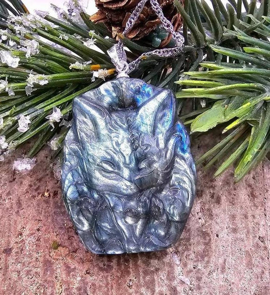 Nature Labradorite Carved Flashy Nine Tail Fox Pendant Necklace