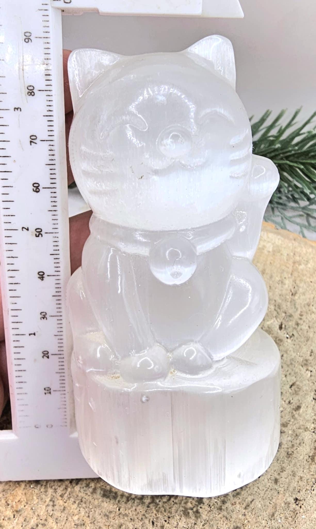 Premium Grade Nature Selenite Hand Carved 4" Fortune Cat Figure