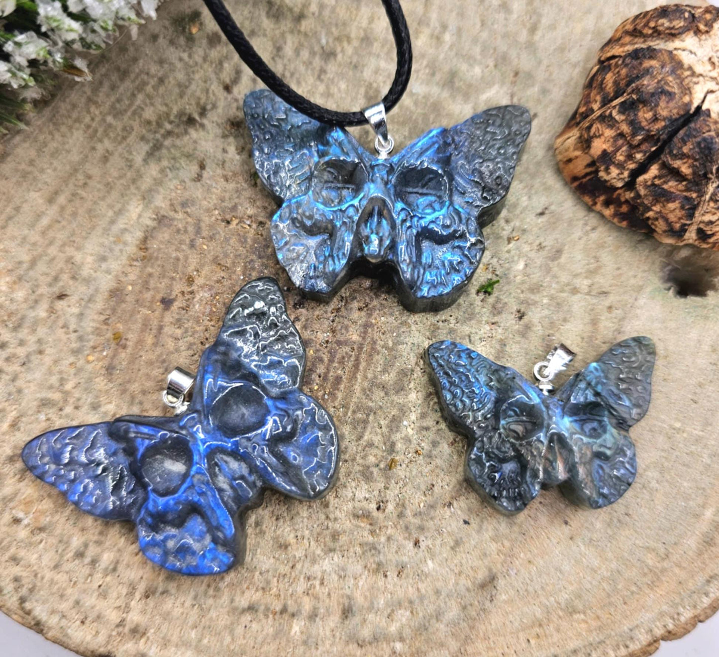 Nature Labradorite Carved Hidden Skull Butterfly Pendant Necklace