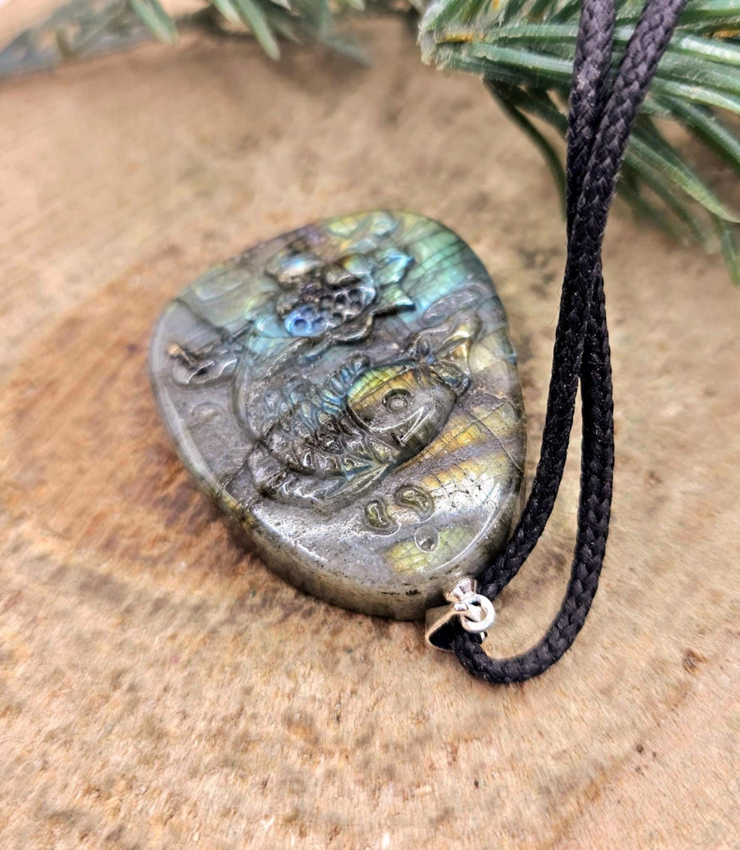 Nature Labradorite Carved Flashy Lotus & Carp Pendant Necklace