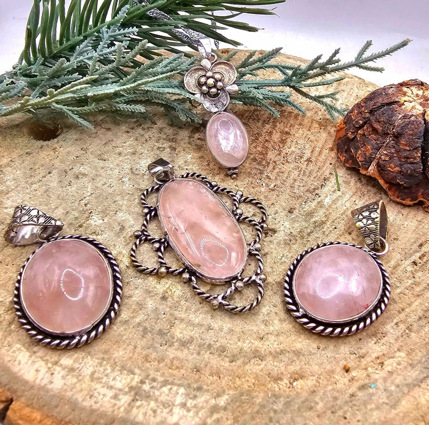 Nature Rose Quartz Sterling Pendant Necklace