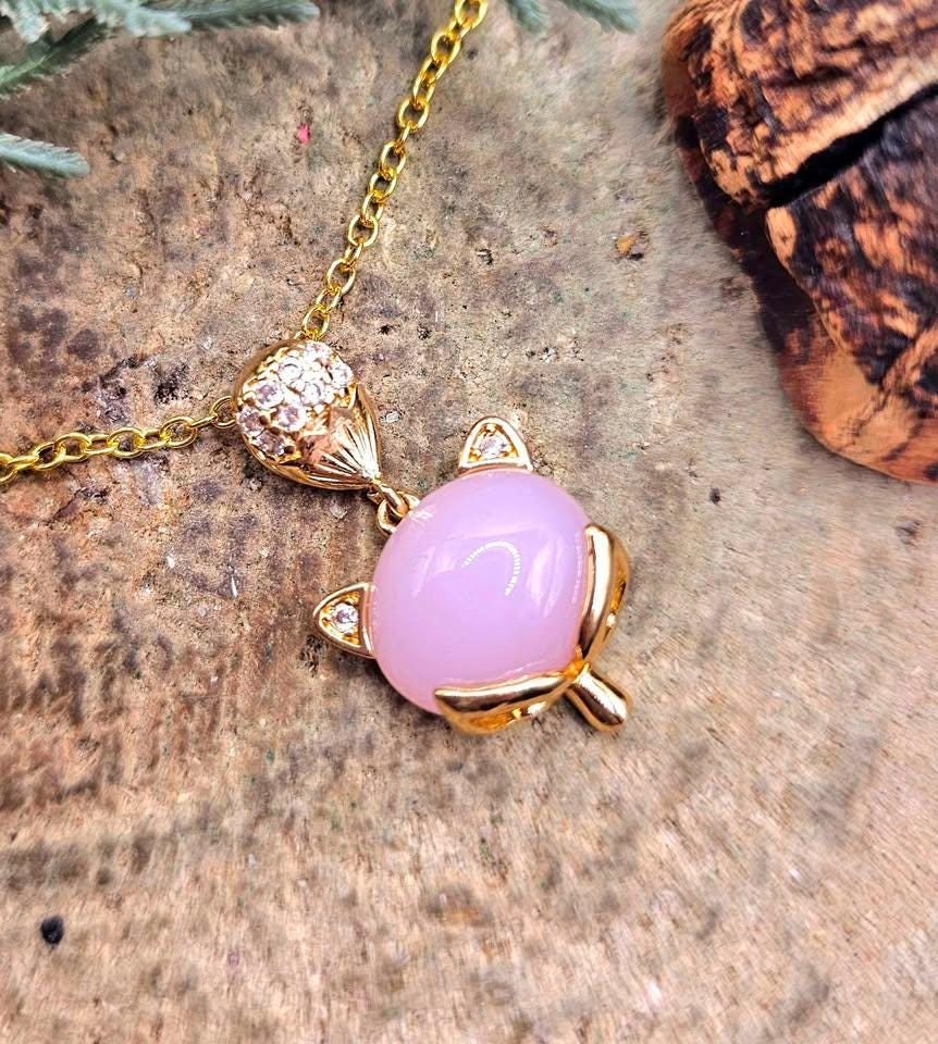 Nature Rose Quartz Gold Tone Fox Pendant Necklace
