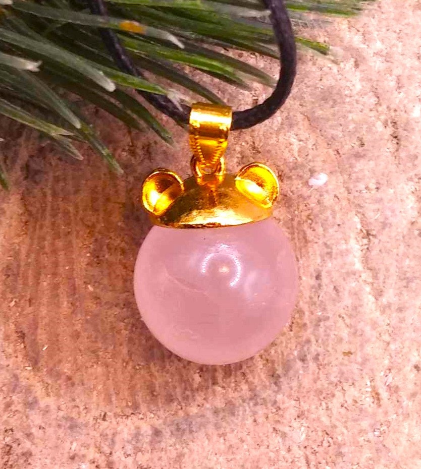 Cute Nature Rose Quartz Sphere Gold Bear Head Pendant Necklace