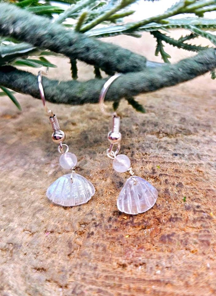 Beautiful Nature Moonstone Flashy Hand Carved Shell S925 Dangle Earring