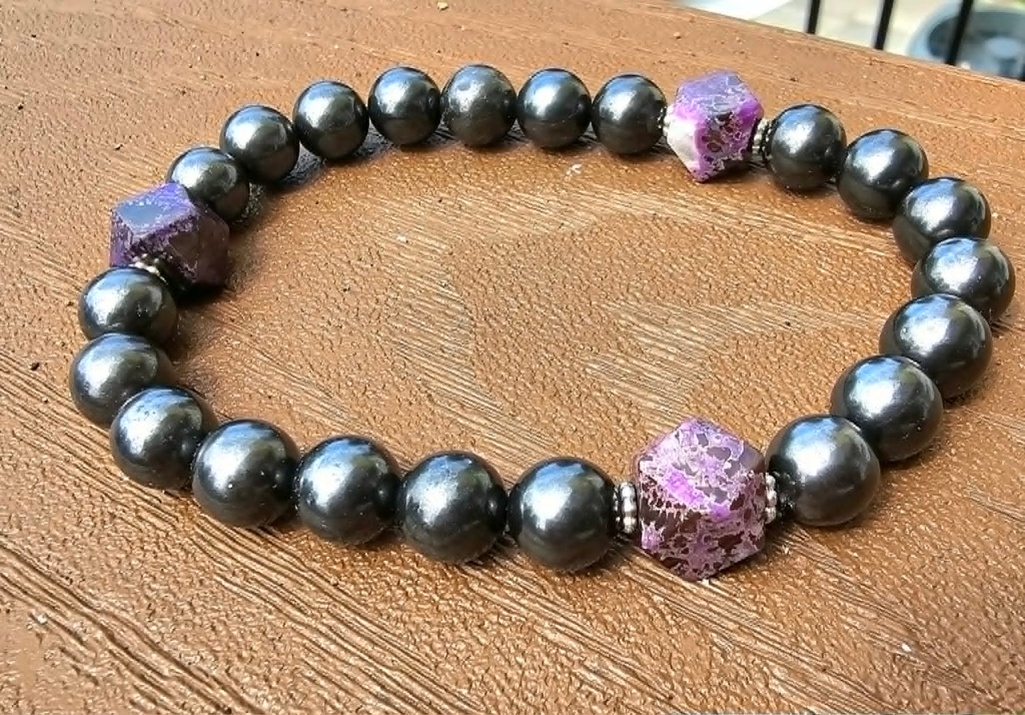 Custom Iron Sugilite Bracelet – Natural Iron Sugilite Round Beads with 3 Purple Sugilite Accent Stones