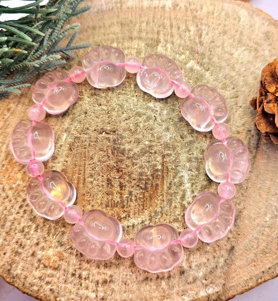 Premium Nature Rose Quartz Carved Cute Paw Beads Bracelet