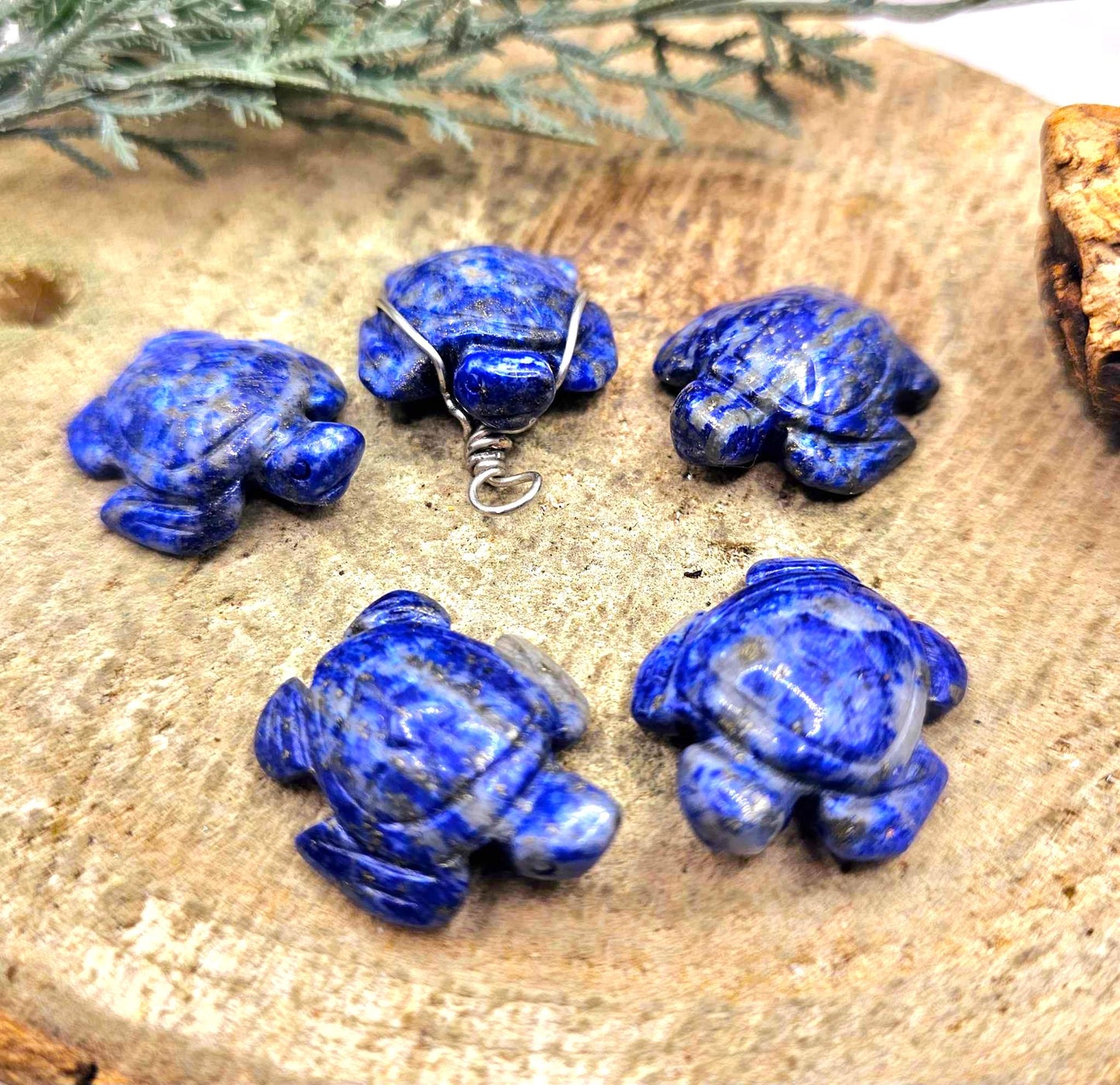Nature Lapis Lazuli Carved Cute Turtle Wire Wrapped Pendant Necklace