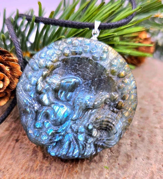 Nature Labradorite Flashy Nine Tails Fox Pendant Necklace